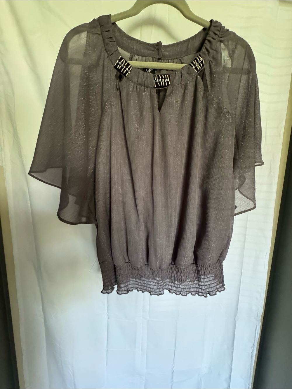 by & by Sheer Blouson Top in Gray Metallic with Embellished Neck Size L